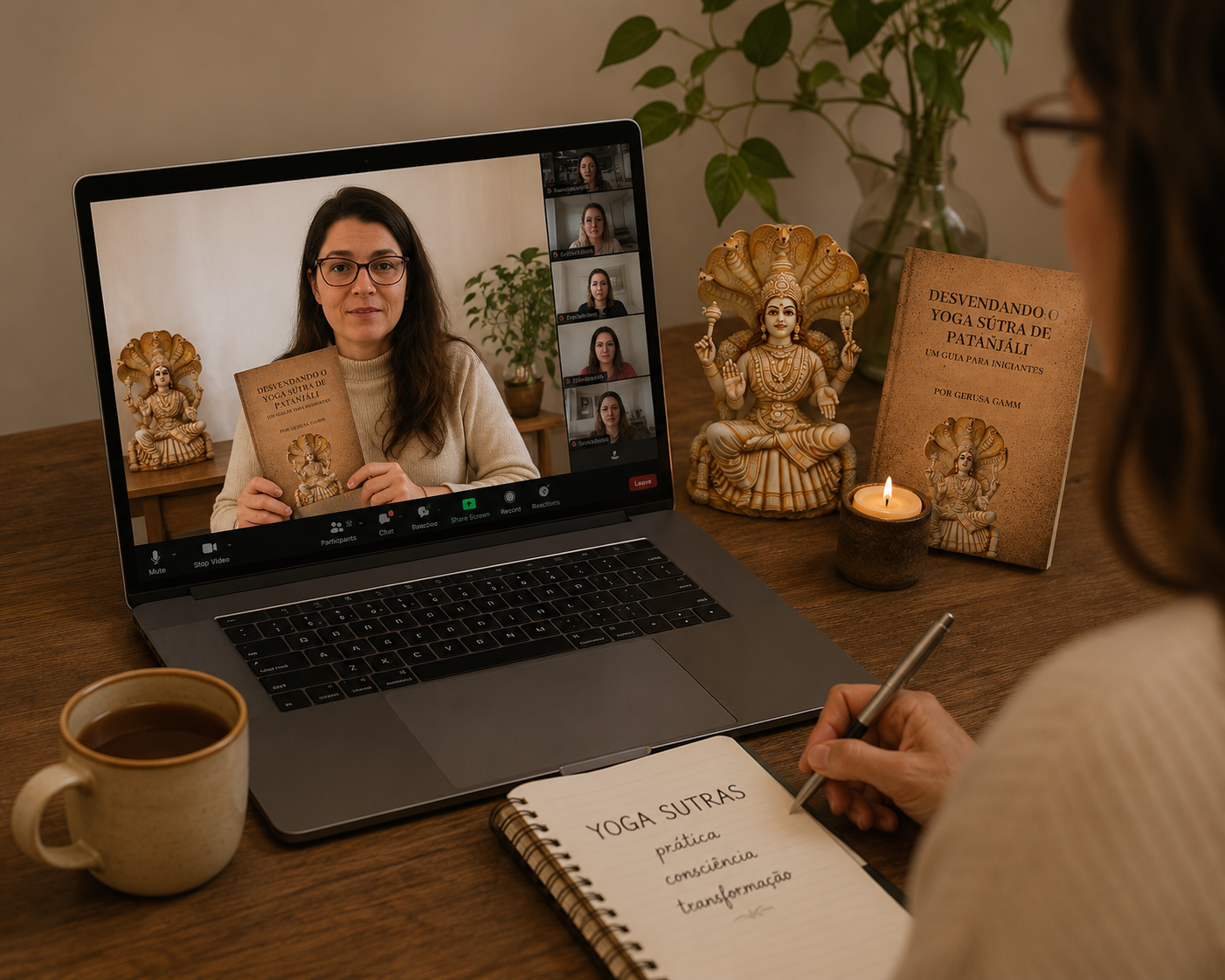Gerusa conduzindo workshop online de Yôga Sutras